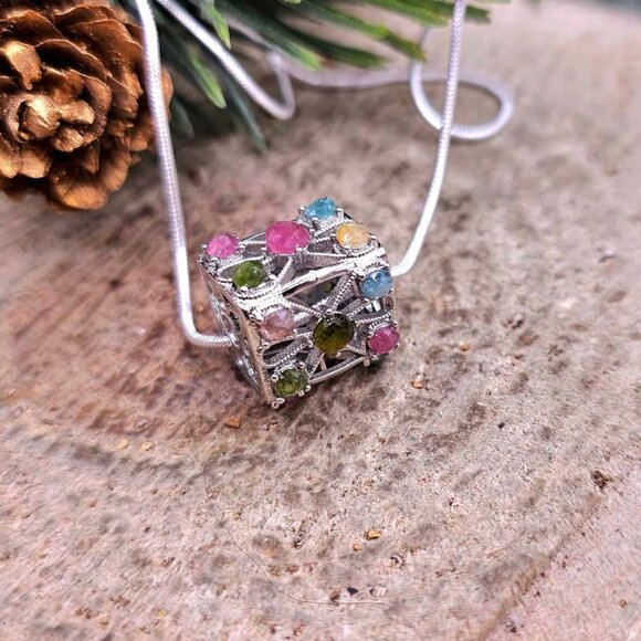 Nature Rainbow Faceted Tourmaline Rectangular Cage Pendant Necklace - Picture 6 of 10